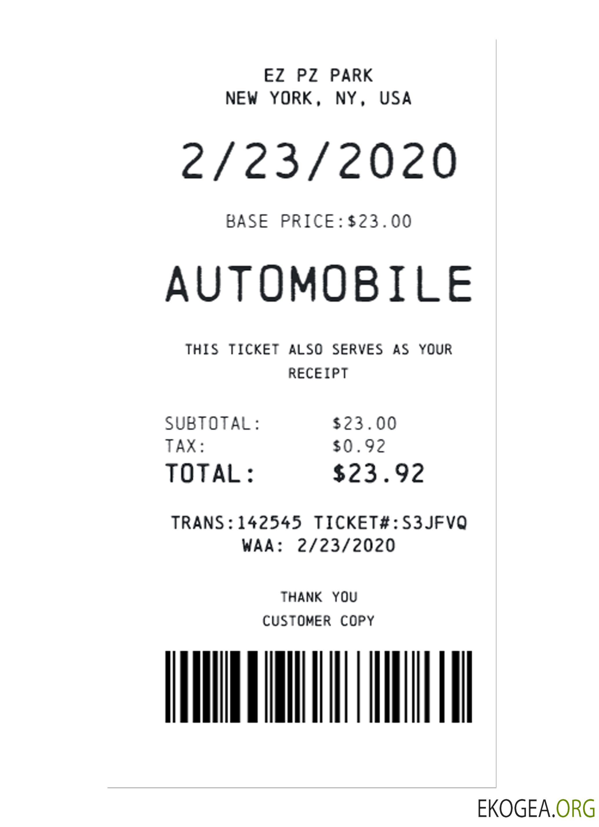 Reçu de paiement PARKING VOITURE